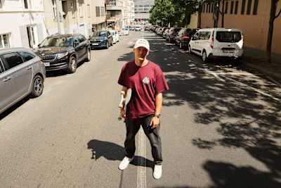 Red Bull Steep Street host Max Habanec poses at the top of Prague's Kostelni Street.