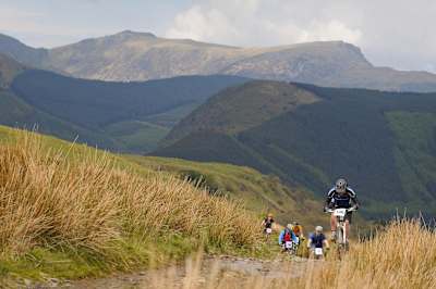 Riders competing in the Dyfi Enduro MTB event in North Wales.
