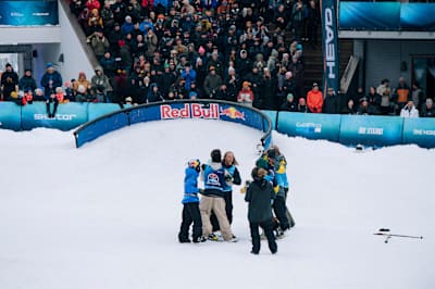 Winner Andreas Håtveit cheering with athletes at Red Bull Unrailistic in Are, Sweden on April 27, 2023