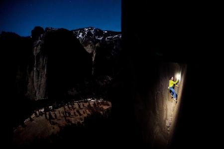 As darkness falls, Caldwell pushes on, trying to complete the route on the face of The Dawn Wall in Yosemite National Park.