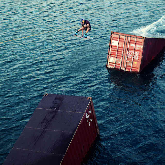 Dominik Hernler wakeboarding pulled by a crane during the Wake Crane project in Croatia