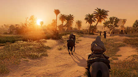 Screenshot aus Assassin's Creed Mirage zeigt Basim und Roshan auf Pferden im Sonnenuntergang.