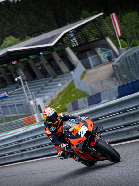 Dani Pedrosa leaving the pitlane as he tests the Red Bull KTM Factory Racing RC16 at Austria's Red Bull Ring on May 27, 2020.