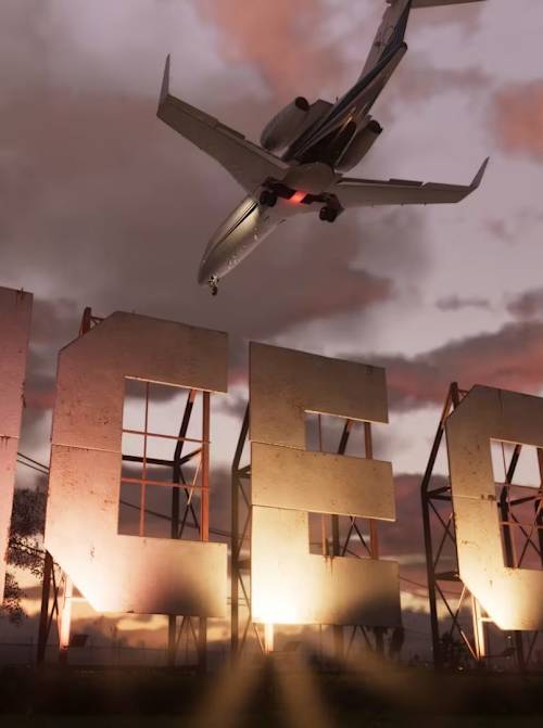 A screenshot from GTA 6 shows an aeroplane flying over the Vice City sign.