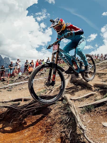 Rachel Atherton rides during finals at Rd3 of the 2018 UCI DH World Cup in Leogang, Austria.