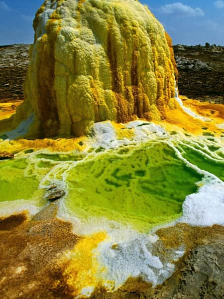 Geyserite mounds are dotted all over Dallol Volcano in the Dalakil Depression in Ethiopia