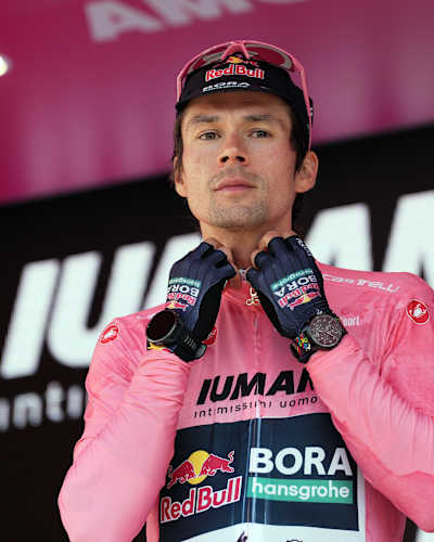 Primož Roglič of Red Bull - BORA - hansgrohe wears the pink jersey at stage 2 of the Giro d’Italia 2025