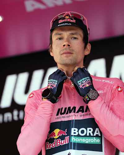 Primož Roglič of Red Bull - BORA - hansgrohe wears the pink jersey at stage 2 of the Giro d’Italia 2025