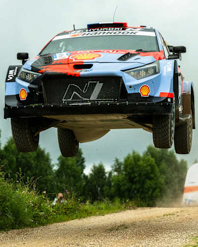 Hyundai's Adrien Fourmaux and Alexandre Coria take on a jump during Rally Estonia 2026 in Tartu.
