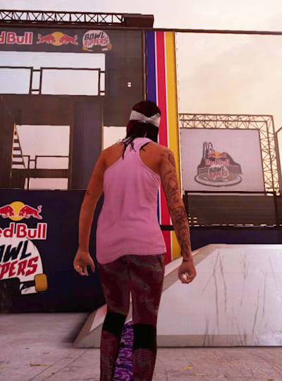A screenshot of Leticia Bufoni in front of a ramp on Tony Hawk’s Pro Skater 1 + 2
