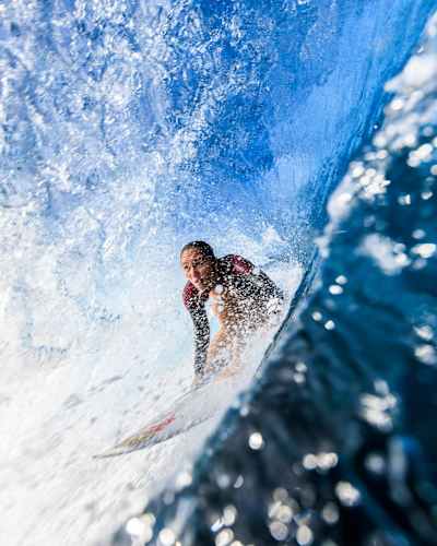 Carissa Moore (USA) surfs in Teahupo'o, Tahiti, French Polynesia.