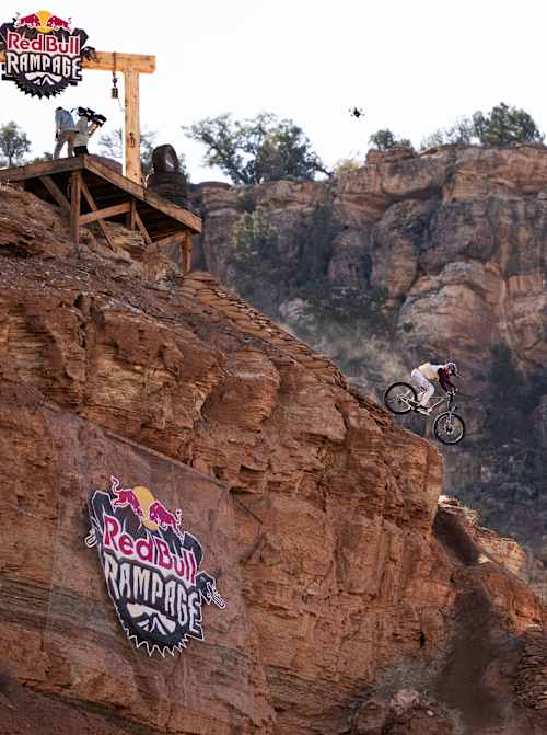 Hayden Zablotny about to drop a huge cliff face at Red Bull Rampage 2025.