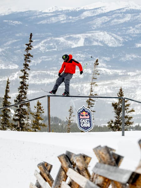 Alex Hall slides a rail at Red Bull Cascade 2023 in Winter Park, Colorado, USA.