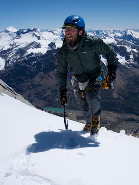 Jim Reynolds approaches the summit of Aguja Guillamet in El Chalten, Argentine Patagonia.