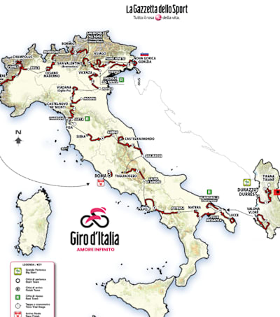 21 etapas para tres semanas de espectáculo desde Durres hasta Roma. En total, los riders del Giro tendrán que afrontar 3.413 km con 52.500 metros de desnivel.