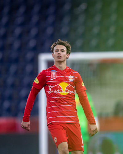Brenden Aaronson of FC Red Bull Salzburg during a match against LASK at Red Bull Arena on February 6, 2022.