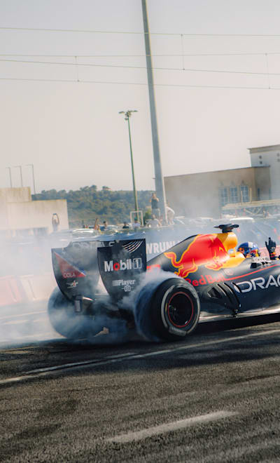 David Coulthard performs during the Red Bull Showrun Teaser in Lisbon, Portugal on June 24, 2023