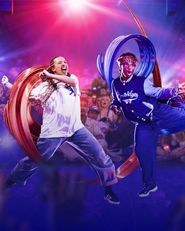 An enhanced image of two dancers performing for a crowd at Red Bull Dance Your Style.
