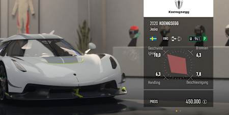 Captura de pantalla de Forza Motorsport muestra el Koenigsegg Jesko blanco en el garaje. 