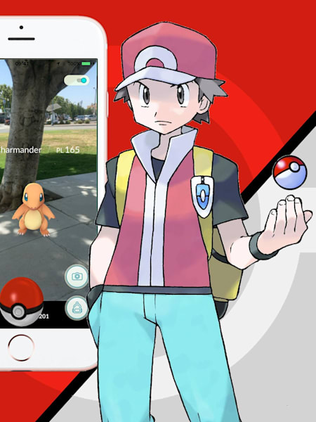 A Pokémon GO character alongside Pokémon GO on a mobile device
