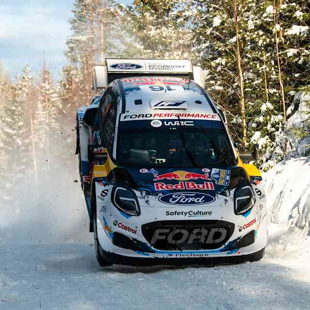 Adrien Fourmaux (FRA) Alexandre Coria (FRA) of team M-SPORT FORD WORLD RALLY TEAM are seen racing during the World Rally Championship Sweden in Umea, Sweden on 17 February, 2024