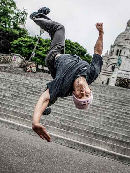 B-boy Phil Wizard of Canada performs at Sacre Coeur during the Red Bull BC One All Stars Paris take-over in Paris, France, on August 9, 2023.
