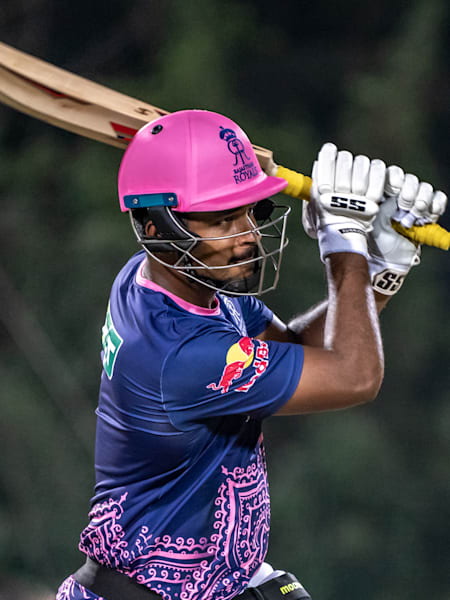 Sanju Samson bats in a net session while training for the Rajasthan Royals.