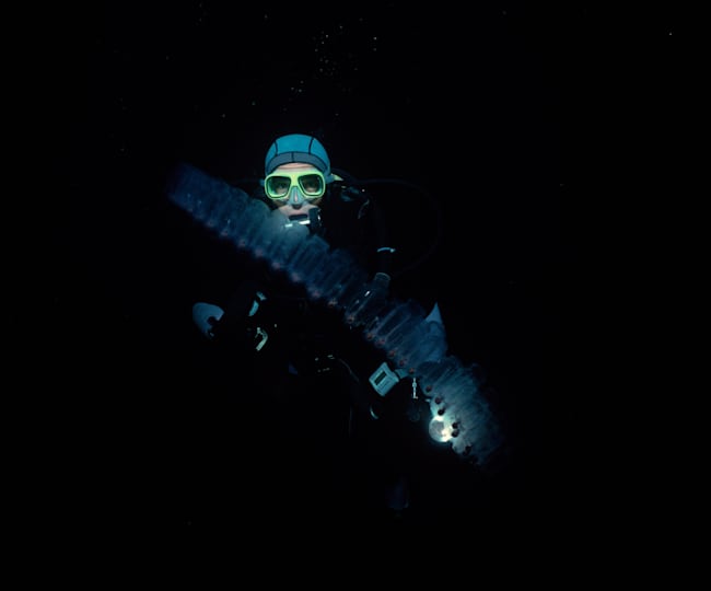 漆黒の海中をダイビング 漆黒の海中をダイビング