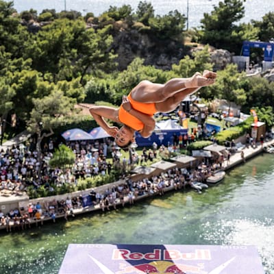 Maria Paula Quintero of Colombia dives from the 21 metre platform during the first stop of the 2024 Red Bull Cliff Diving World Series at Lake Vouliagmeni in Athens, Greece on May 25, 2024.