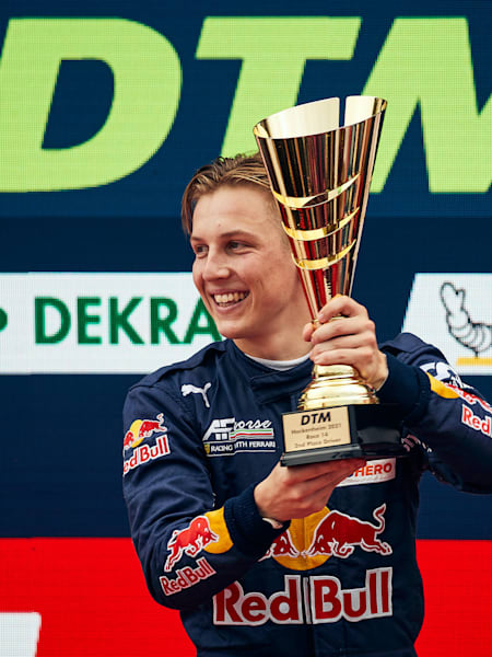 Championship leader Liam Lawson on the podium at DTM at Hockenheimring, Germany on October 3, 2021.
