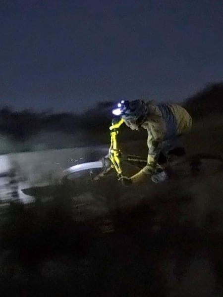 Hitting berms flat-out in the dark.