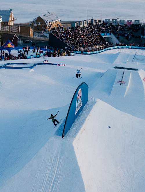 Freeskiers perform for Red Bull Unrailistic Best Trick in Are, Sweden on April 26, 2024
