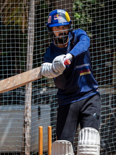 KL Rahul plays a shot during training.