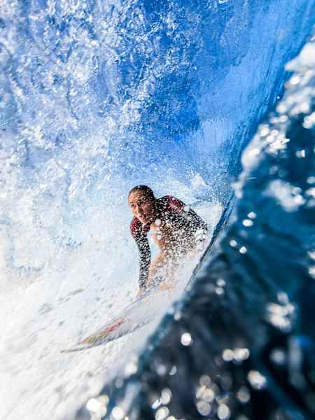 Carissa Moore (USA) surfs in Teahupo'o, Tahiti, French Polynesia.
