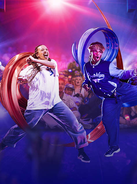 An enhanced image of two dancers performing for a crowd at Red Bull Dance Your Style.