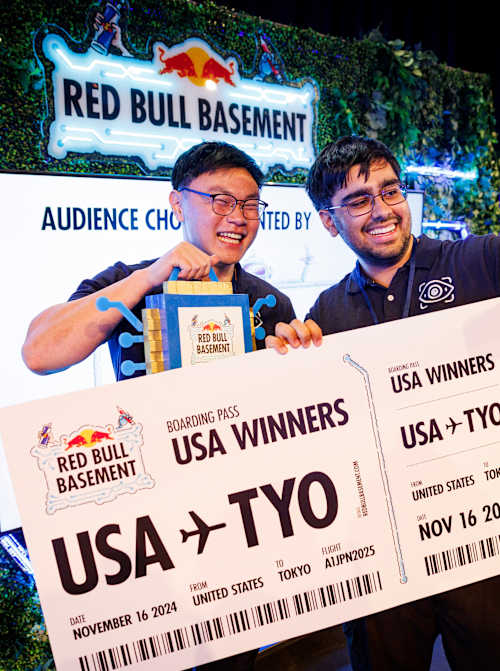 Argus founders Daniel Kim and Arjun Oberoi celebrate winning the 2024 Red Bull Basement National Final at MIT Media Lab, Cambridge, USA