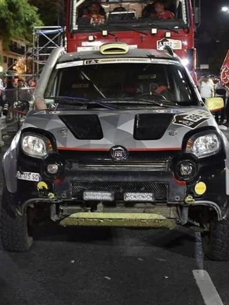 Italian Giulio Verzeletti and his co-driver celebrate finish the 2017 Dakar Rally in a tiny Fiat Panda