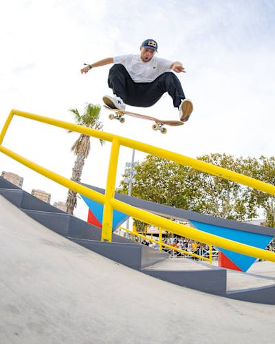 Jamie Foy perfoms a kickflip 50-50 at Red Bull Drop In Tour in Barcelona, Spain on September 24, 2022.