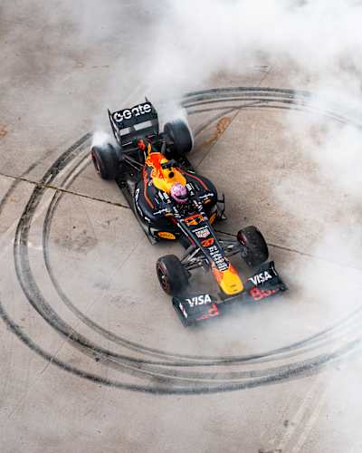 Patrick Friesacher seen in the RB7 F1 car during filming in Klaipeda, Lithuania on July 24, 2025
