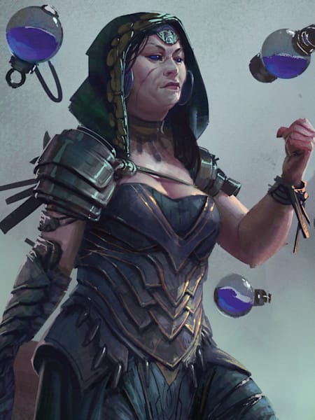 Eine Magierin lässt Flaschen mit Flüssigkeit um sich herum schweben.