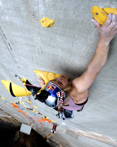 British climber Shauna Coxsey tests the course at Red Bull Dual Ascent in Verzasca, Switzerland.