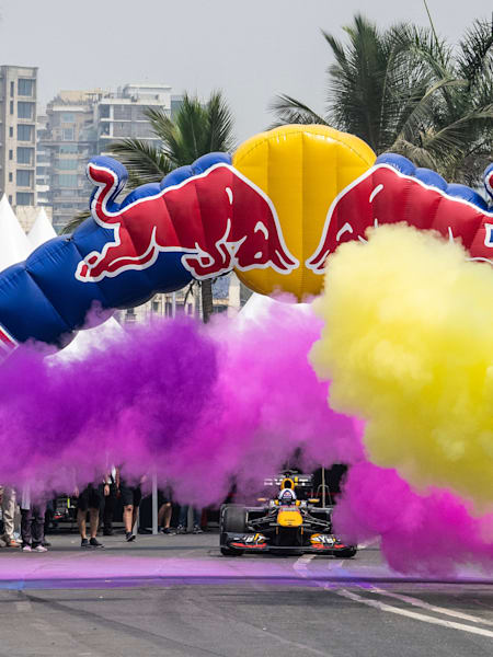 David Coulthard driving the RB7 car during Red Bull Showrun in Mumbai, India, on March 12, 2023.