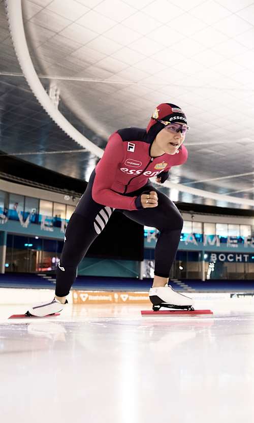 Angel Daleman showcases her speed and precision during speed skating training at the Heerenveen ice rink in The Netherlands, July 2025.