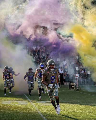 The Vienna Vikings enter the field to play against the Rhein Fire in the AFLE 2026 season
