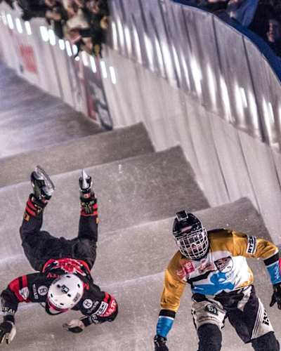 Luca Dallago leads ahead of Tory Merz, Marco Dallago and Dylan Moriarity during the ATSX Ice Cross Downhill World Championship in Saint Paul, Minnesota, United States on February 4, 2017.
