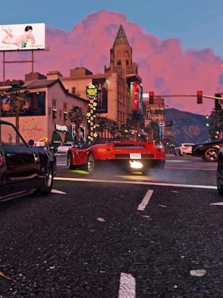 A promotional screenshot of a downtown area in Grand Theft Auto V