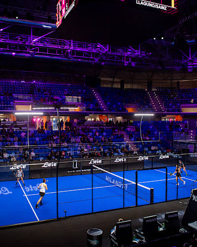 Overview of the stadium during a Premier Padel match in Milan, Italy.