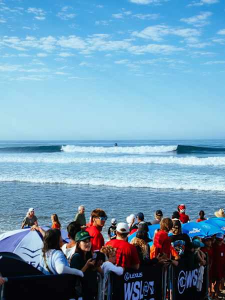 View of the waves from the beach at Lower Trestles in San Clemente, California.