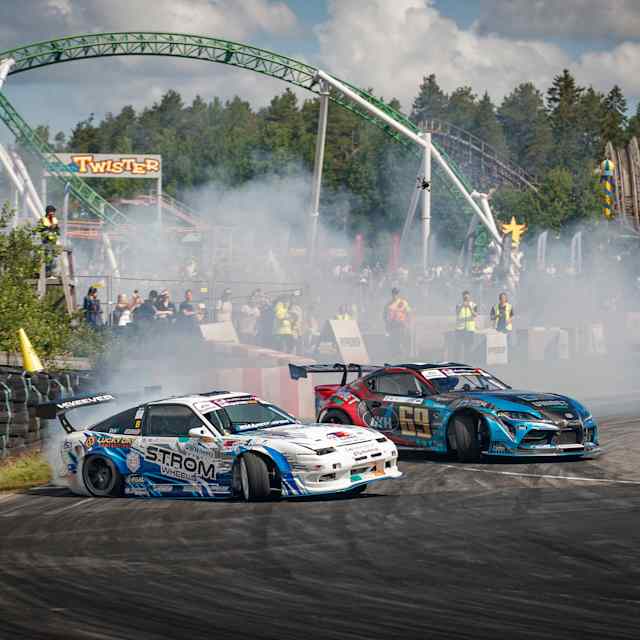Kalle Rovanperä performs during Stop 3 of the European Drift Masters in Härma, Finland on July 6, 2023