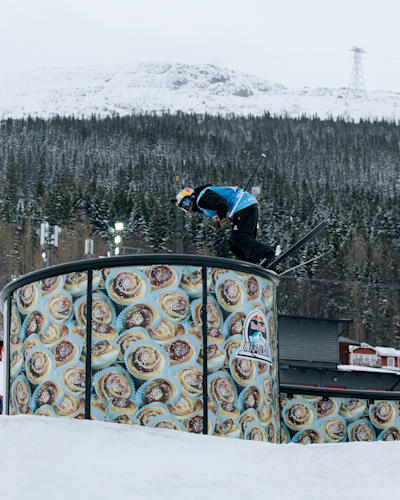 Jesper Tjäder railing the cinnamon bun at Red Bull Unrailistic in Are, Sweden on April 26, 2023. 